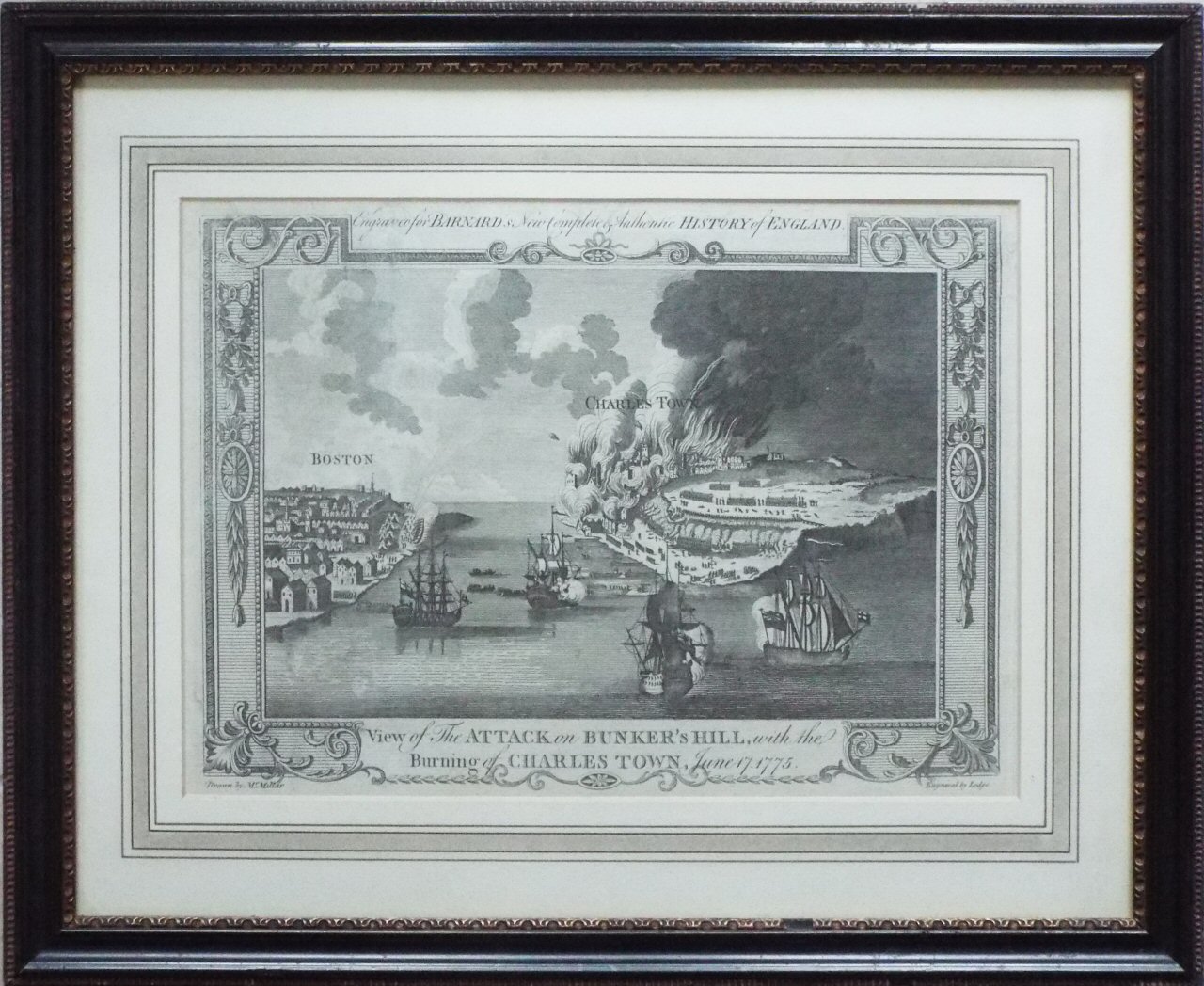 Print - View of the Attack on Bunker's Hill, with the Burning of Charles Town, June 17. 1775.Barnard's New Complete & Authentic History of England. - 